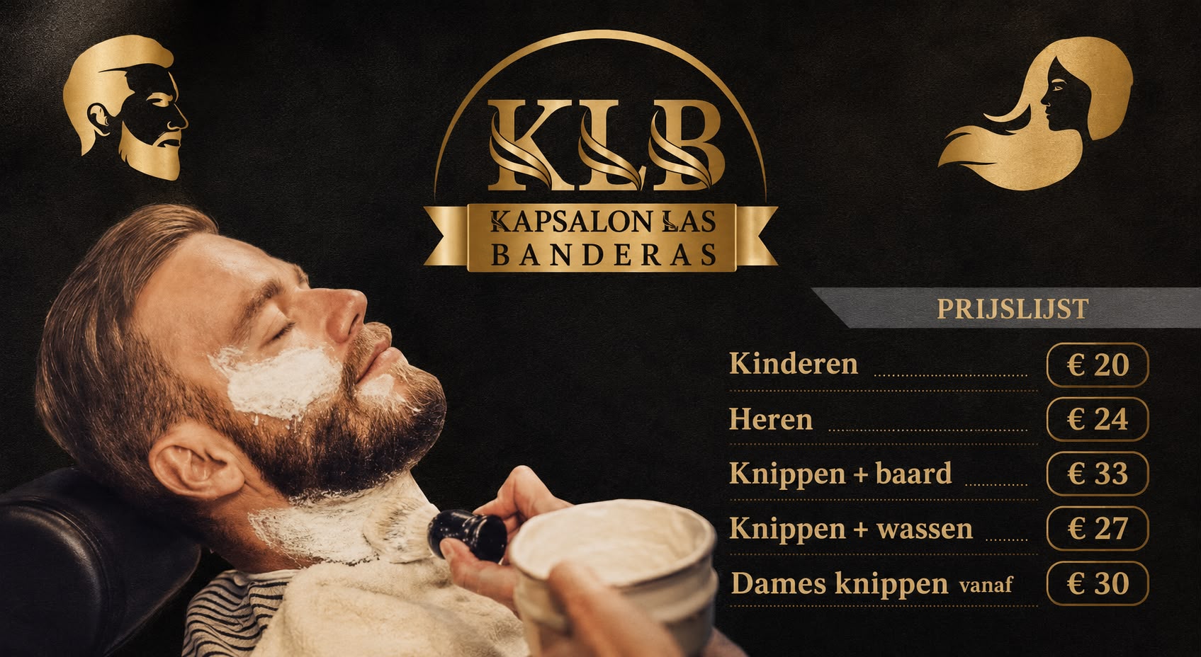 De zwart-gouden prijslijst van Kapsalon Las Banderas